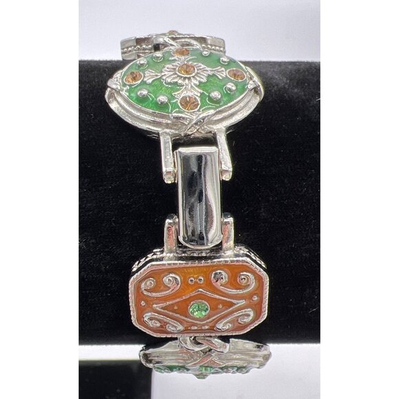 Vintage Style Silver-Tone Enamel Bracelet With Green & Brown Accents Floral & Sw - Picture 7 of 7